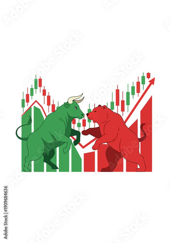 Minimal flat vector logo of bull vs bear stock market battle,