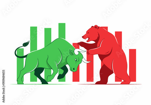Minimal flat vector logo of bull vs bear stock market battle,