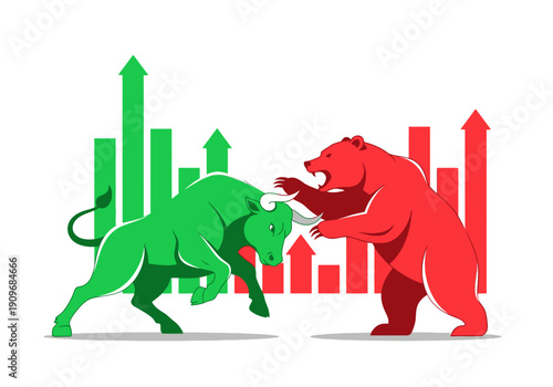 Minimal flat vector logo of bull vs bear stock market battle,