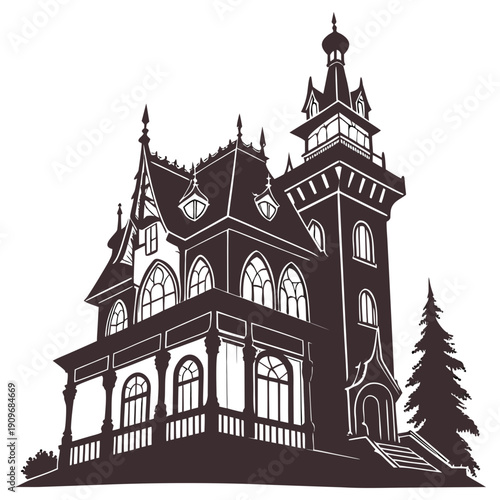 A majestic black and white illustration of a grand, historic castle with intricate architectural details