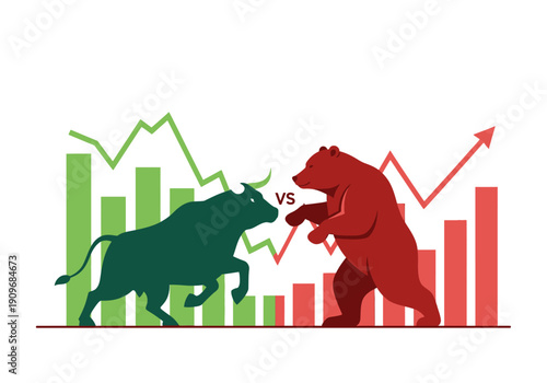 Minimal flat vector logo of bull vs bear stock market battle,