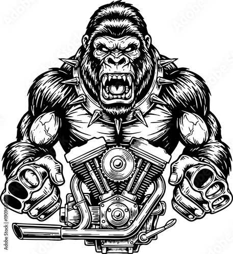 Angry gorilla biker mascot with knuckles and motorcycle engine design