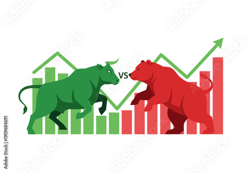 Minimal flat vector logo of bull vs bear stock market battle,