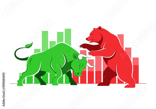 Minimal flat vector logo of bull vs bear stock market battle,