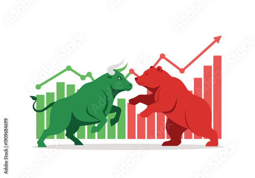 Minimal flat vector logo of bull vs bear stock market battle,
