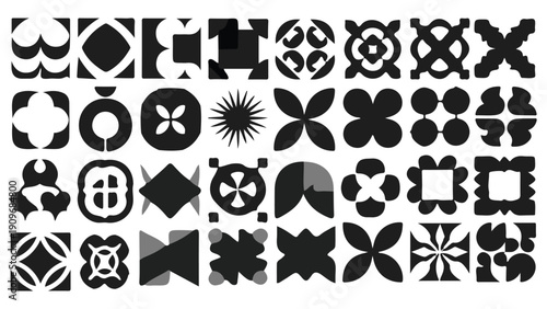 A collection of various black geometric shapes and symbols on a white background.