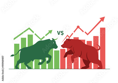 Minimal flat vector logo of bull vs bear stock market battle,
