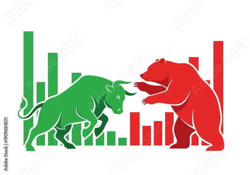 Minimal flat vector logo of bull vs bear stock market battle,