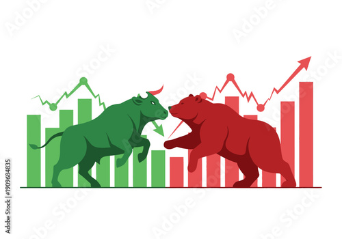 Minimal flat vector logo of bull vs bear stock market battle,