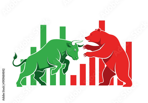 Minimal flat vector logo of bull vs bear stock market battle,