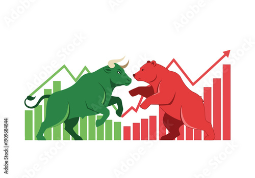 Minimal flat vector logo of bull vs bear stock market battle,