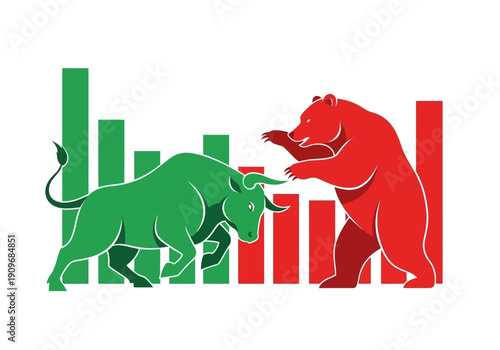 Minimal flat vector logo of bull vs bear stock market battle,