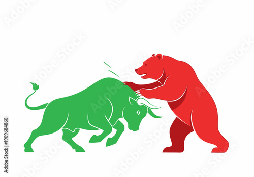Minimal flat vector logo of bull vs bear stock market battle,