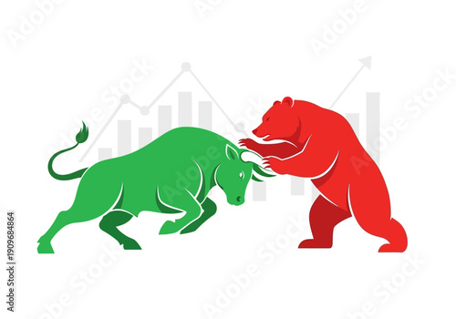 Minimal flat vector logo of bull vs bear stock market battle,