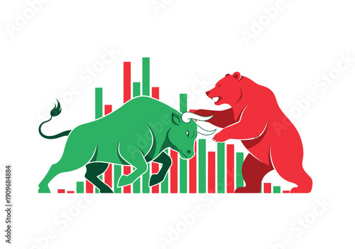 Minimal flat vector logo of bull vs bear stock market battle,