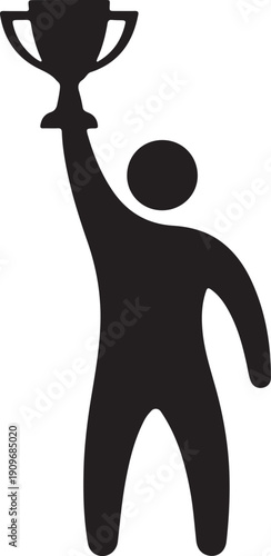 Successful Winner Holding Trophy Cup Silhouette Icon Achievement and Leadership Concept