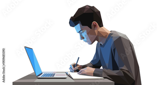 Man working at desk with computer and notebook. Low poly geometric style. Could be used for education, business or technology.
