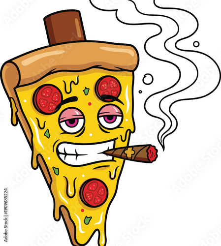 Cartoon Sliced Pizza Character with Red Eyes Smoking a Cigar Blunt Vector Illustration Isolated on White Background for Streetwear Design