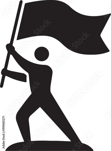 Leader Holding Flag on Mountain Peak Silhouette Achievement Success and Goal Completion Icon