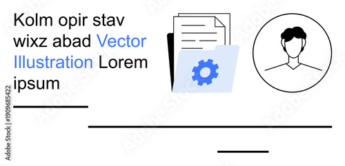 Data organization, user profiles, technology services, documentation systems, workflow tools, digital solutions. Folder with documents and gear icon, user avatar next to text. Data organization