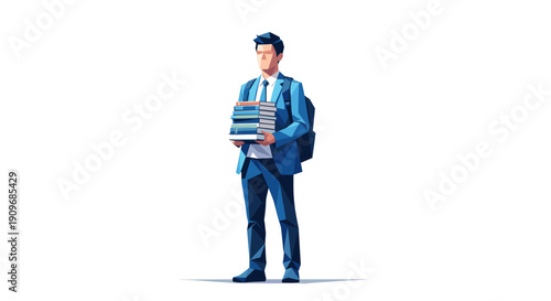 Low poly illustration of a male student in blue suit holding books, wearing a backpack. Perfect for illustrating education, learning, business, or career themes with a modern style.