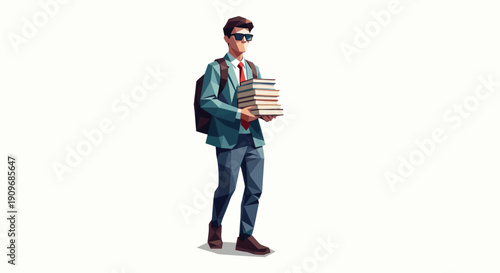 Low poly illustration of a student carrying a stack of books. Perfect for educational materials, academic websites, and creative projects.
