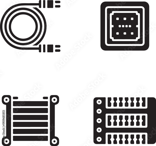 Four black and white minimalist of computer connectors and slots