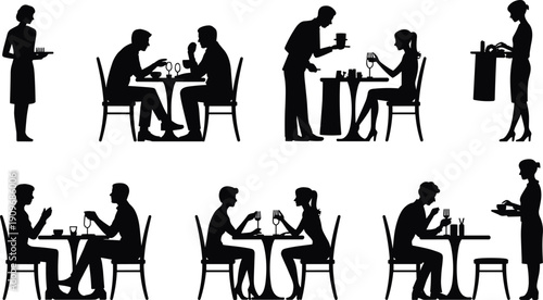 Silhouettes of people dining in restaurants with waiters and waitresses serving food and drinks, hospitality vector illustration for service and social design