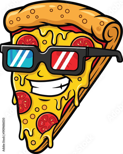 Cool Cartoon Pizza Slice Character Wearing Retro 3D Glasses Smiling With Cheese Drip For Cinema Movie Night And Fast Food Promotion
