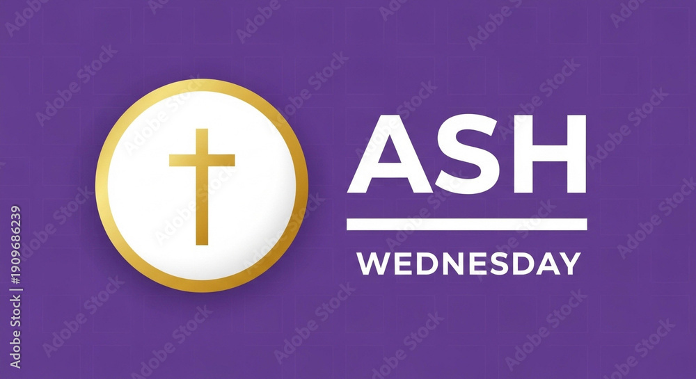 Obraz premium Vibrant Ash Wednesday symbol with golden cross on purple background