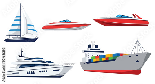Illustration of various boats and ships sailboats speedboats yachts and freighters