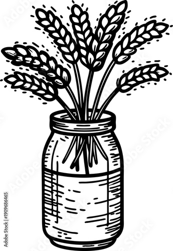 wheat stalks in a glass jar vintage botanical illustration of cereal grain bouquet