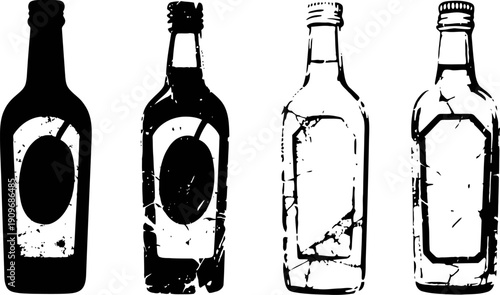 vintage whisky bottles silhouettes classic old liquor glass bottles with labels and caps isolated on white background