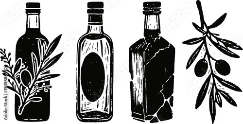 Olive oil bottles and olive branch illustration natural healthy cooking oil in glass containers with leaves and fruit