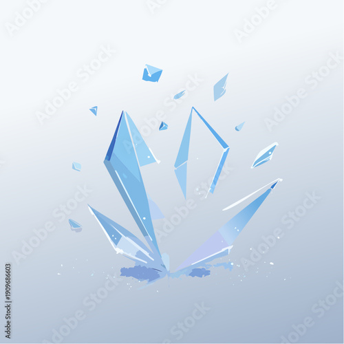 Vector illustration of a breaking blue ice crystal with shards flying apart