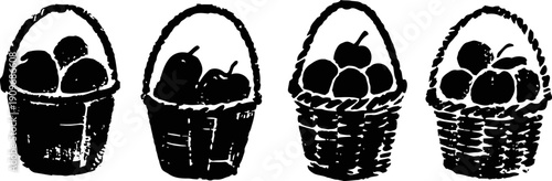 Black and white baskets with assorted fruits, rustic vintage illustration