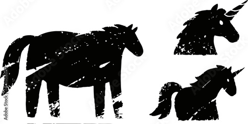 black silhouettes of horses and unicorn heads with rustic textured isolated on white