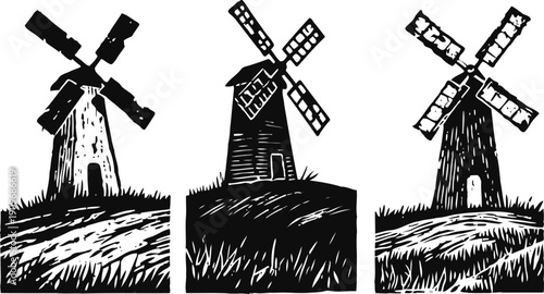 Three rustic windmills standing on grassy hills, vintage woodcut illustration