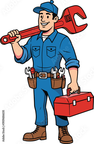 Friendly plumber or handyman character in blue uniform carrying a giant red wrench and toolbox for home repair service illustration