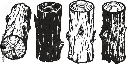 set of four vintage tree trunks and wooden log illustrations with detailed bark texture