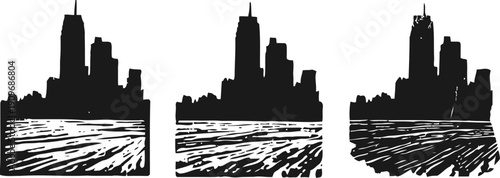 silhouettes of urban city skylines with textured foregrounds, modern buildings in black outline