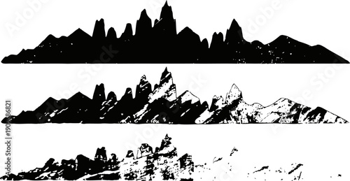 Black and white mountain silhouettes set with sharp peaks and rugged terrain isolated on white background