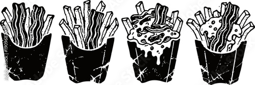 french fries in paper containers with toppings fast food snack with bacon and sauce variations