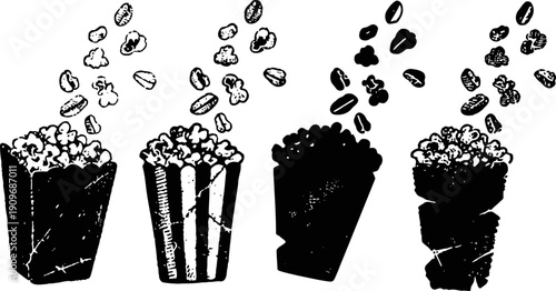 Popcorn and coffee beans illustration four black and white snack containers with popping popcorn and falling coffee beans
