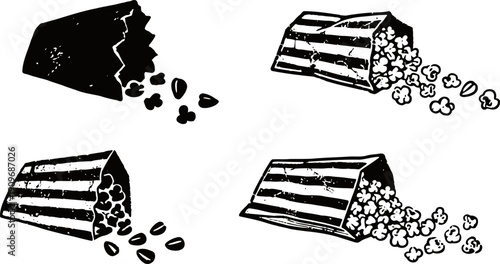 Popcorn bucket illustrations showing different stages of spills and popcorn pieces falling