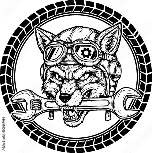 Aggressive fox mascot mechanic biting a wrench illustration