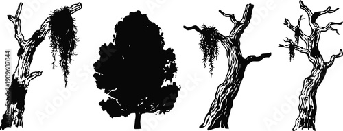 Silhouettes of various dead and leafless trees isolated on white background