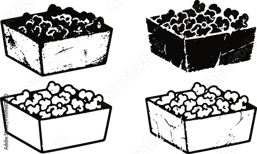 Popcorn in cardboard containers set with sketch fresh crispy popcorn snack for movie or party time