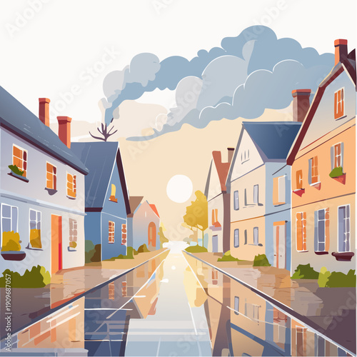 Reflections on a quiet village street at dawn, showcasing charming houses and a soft, cloudy sky after the rain