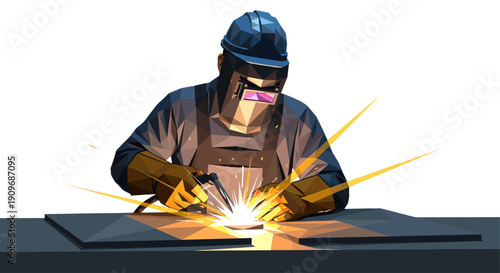 Vector illustration of a welder welding metal, creating bright sparks. Suitable for industrial, manufacturing, construction, and safety related projects. Low-poly design style gives a modern edge.